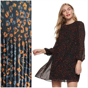 Nine West Brown and Black Pleated Long Sleeve Dress
